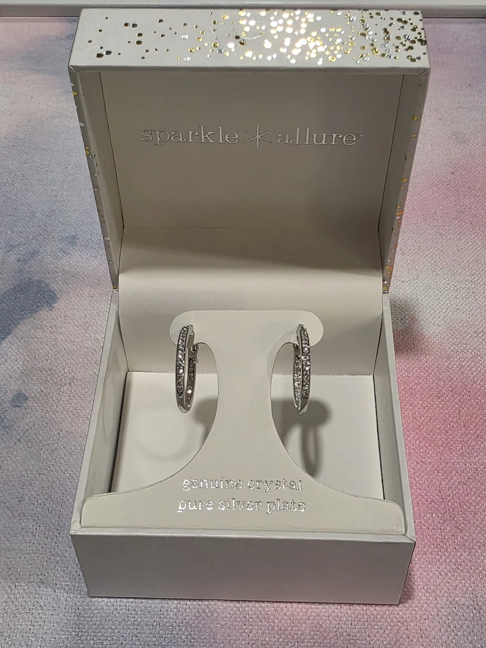NIB Genuine Crystal Silver-Plated Hoop Earrings - Clear Crystal - Picture 1 of 6